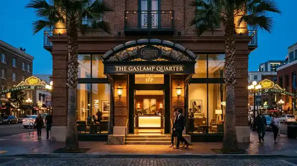 Boutique hotel entrance at dusk in San Diego's Gaslamp Quarter with palm trees