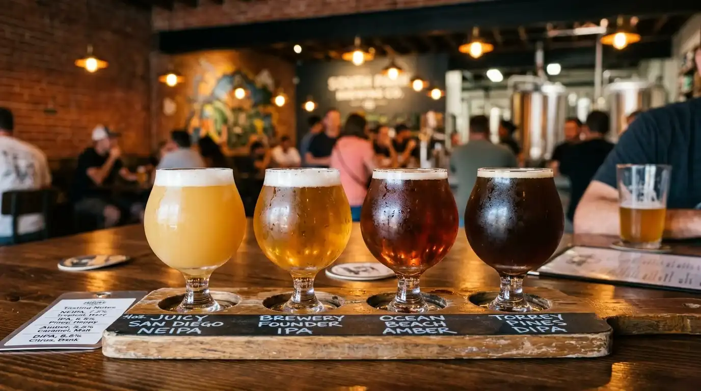 Craft beer flight at a San Diego brewery with golden IPA tones