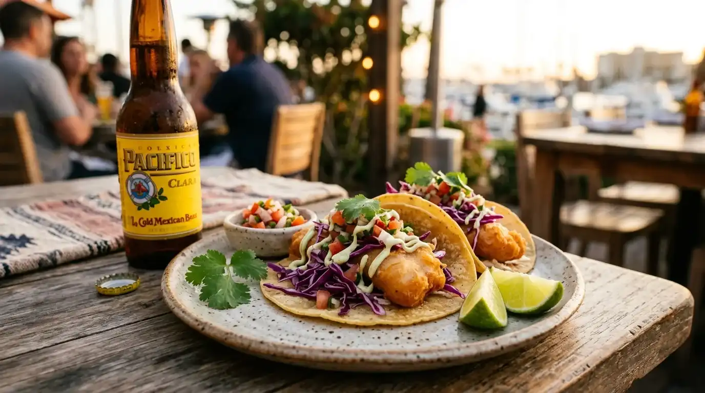 Fresh fish tacos on a plate at an outdoor San Diego restaurant