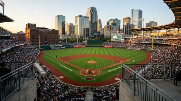 Inside Petco Park looking over the baseball diamond toward the Western Metal Supply Co building and San Diego skyline