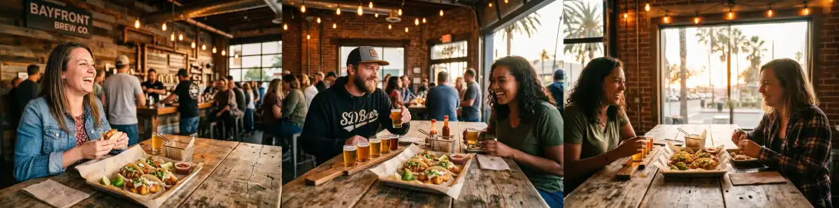 San Diego craft beer and fish tacos scene with friends sharing food at a bar near Petco Park