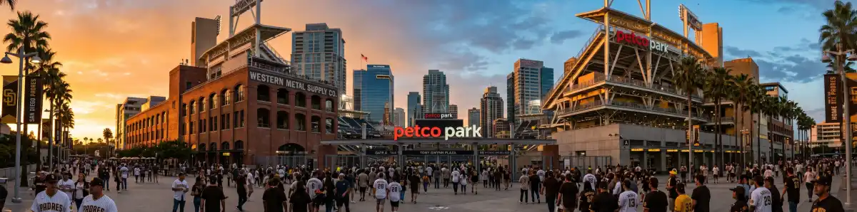 Petco Park at golden hour sunset with the San Diego skyline and Western Metal Supply Co building visible in the warm evening light