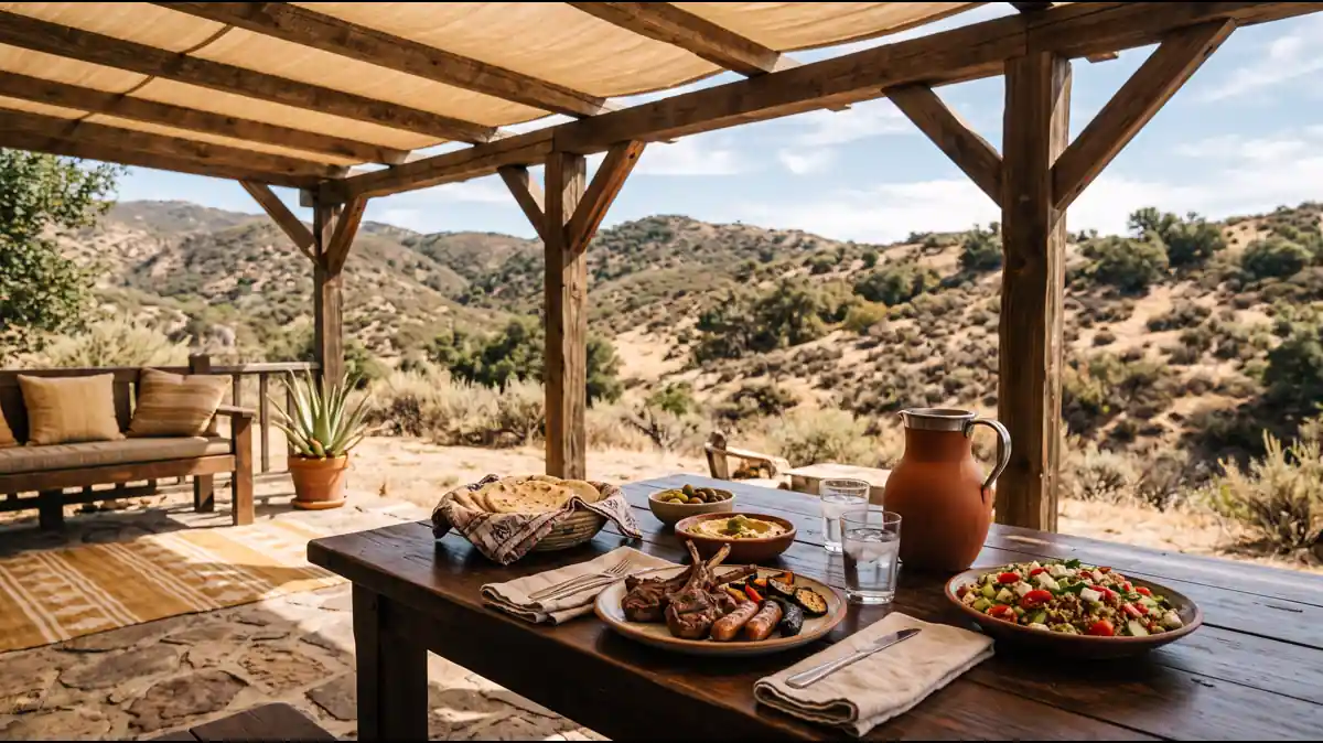Outdoor dining area with families enjoying lunch under shaded umbrellas at San Diego Zoo Safari Park Escondido
