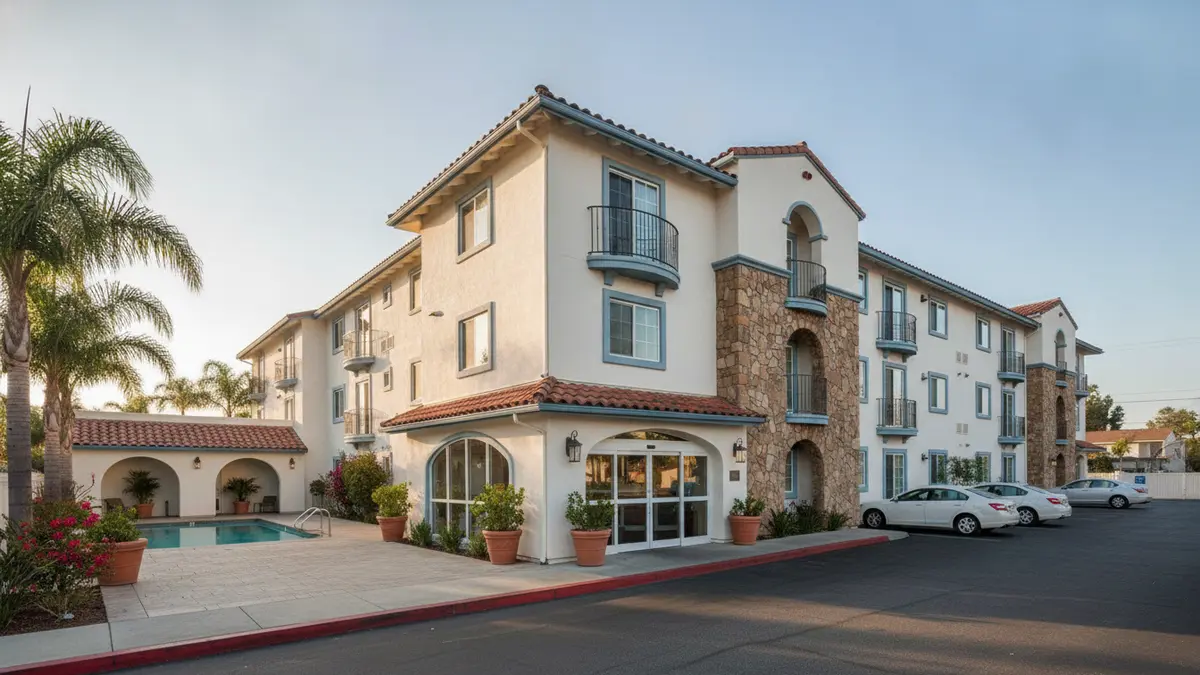 La Quinta Inn Escondido exterior with palm trees and affordable family rooms near Safari Park