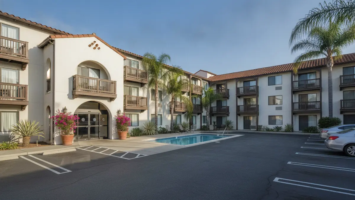 Motel 6 Escondido exterior with pool and budget-friendly accommodations near Safari Park