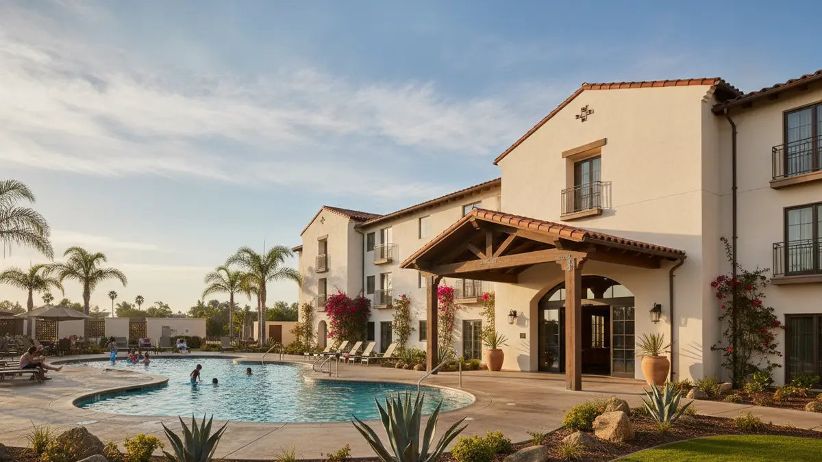 Hilton Garden Inn Escondido exterior with pool and modern amenities near Safari Park