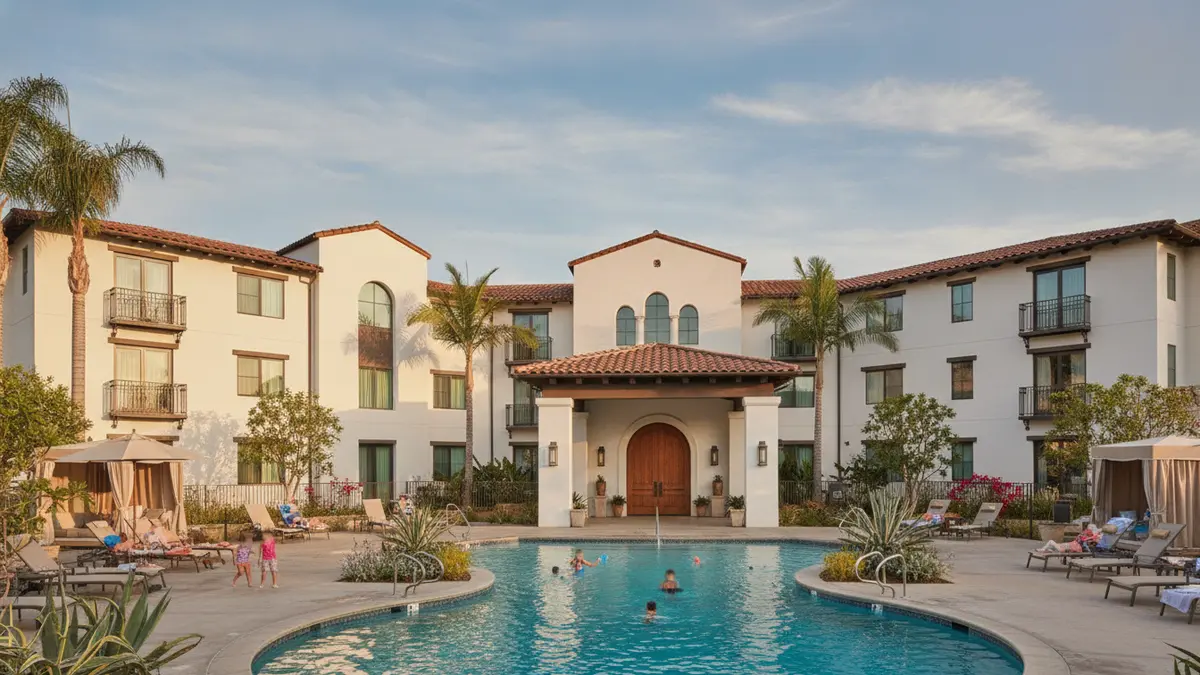 Courtyard by Marriott Vista exterior with courtyard and family pool near Safari Park