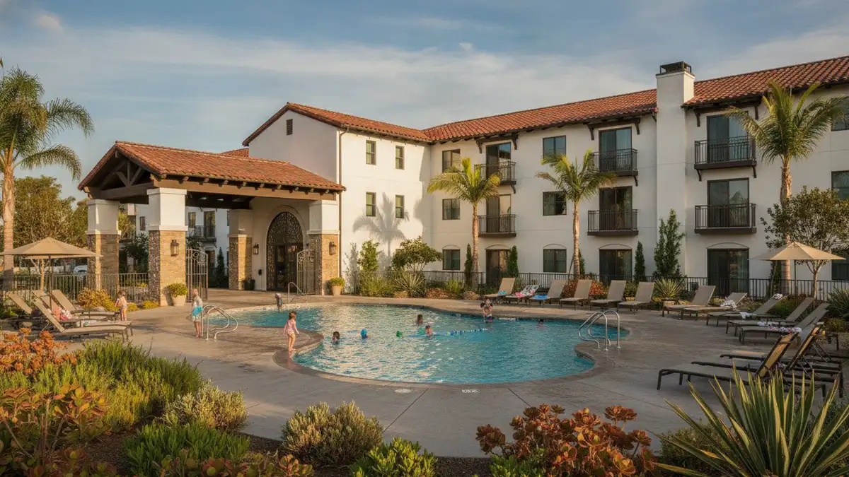 Holiday Inn Express Escondido exterior with outdoor pool and mountain views near Safari Park