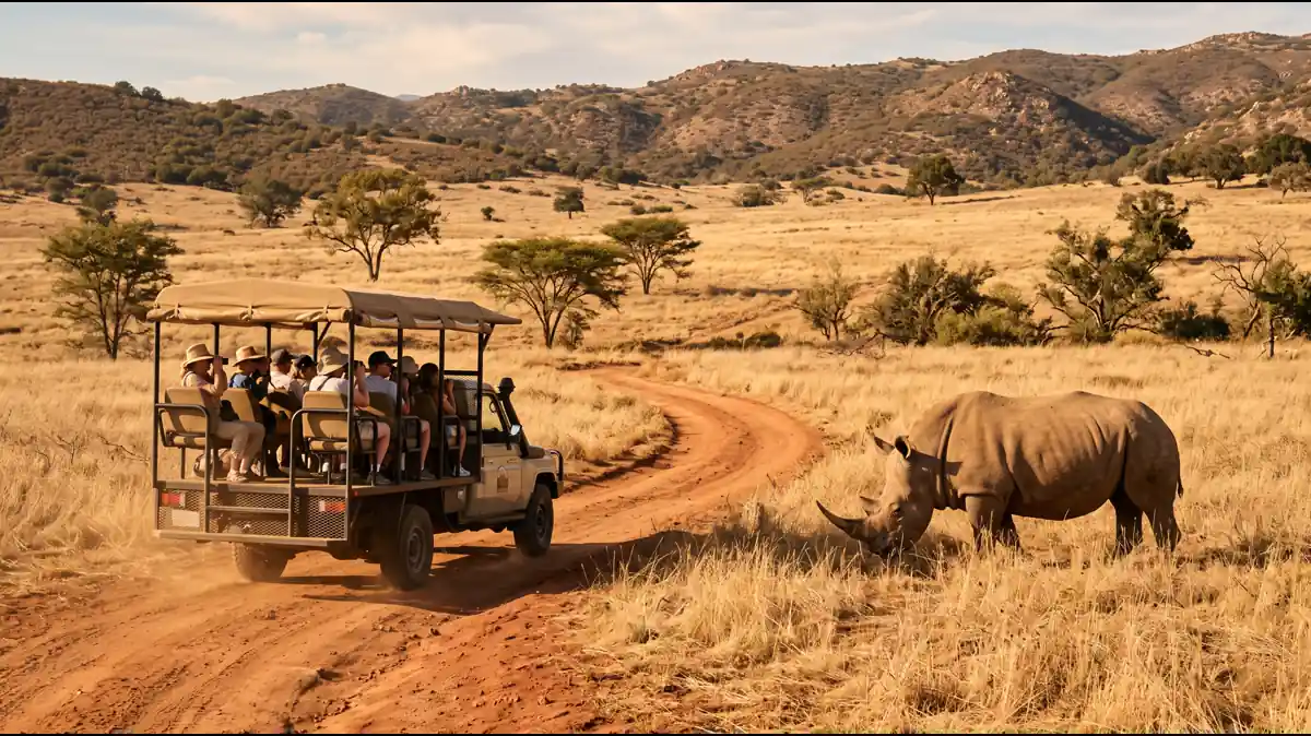 Africa Tram vehicle cruising through open savanna with giraffes and zebras at San Diego Zoo Safari Park Escondido