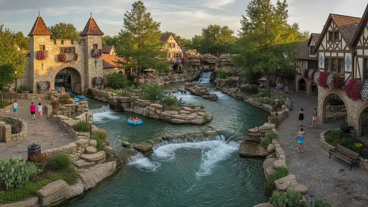 Original section of Schlitterbahn with natural trees and the Comal River in New Braunfels Texas