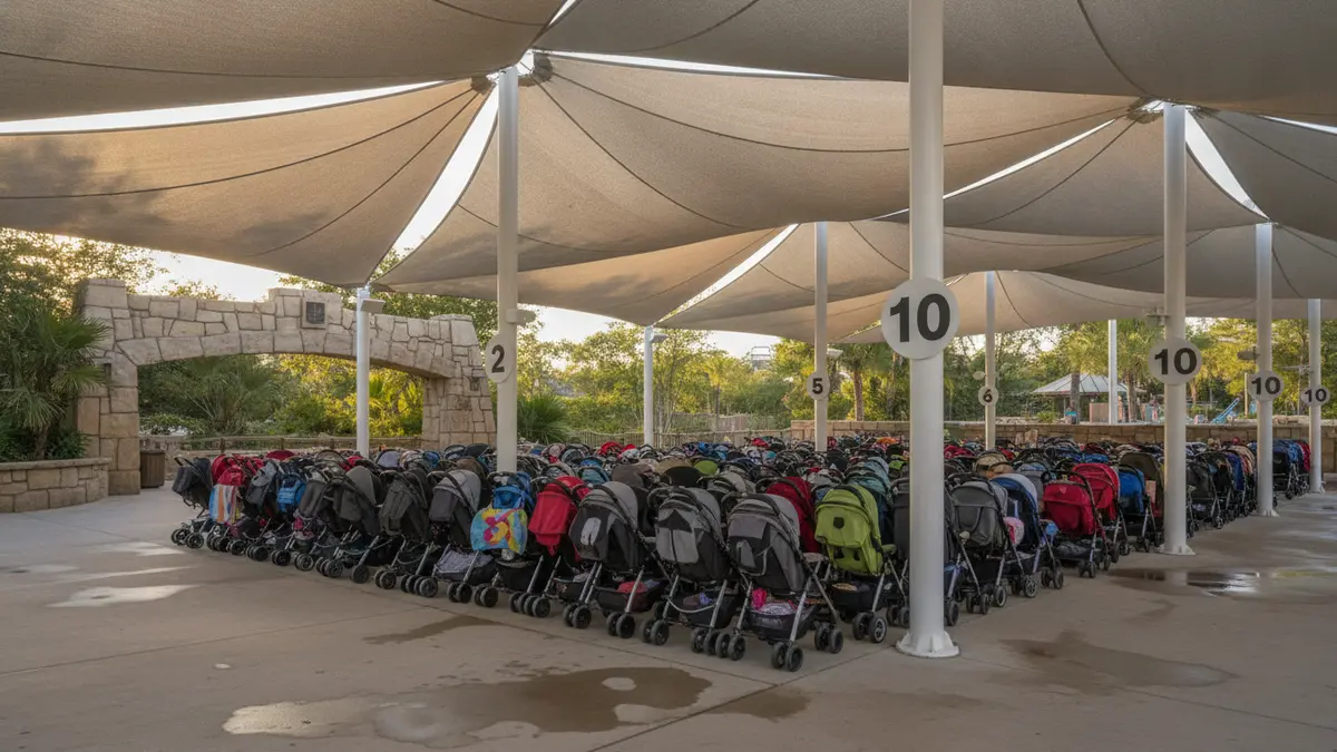 Shaded picnic area with coolers and family setup under Texas oak trees at Schlitterbahn New Braunfels
