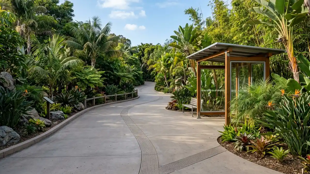 Accessible pathway with gentle grade through lush landscaping at San Diego Zoo Balboa Park California
