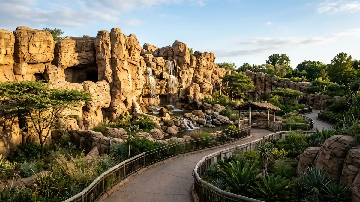 Africa Rocks exhibit with rocky landscape and succulent gardens at San Diego Zoo in Balboa Park California