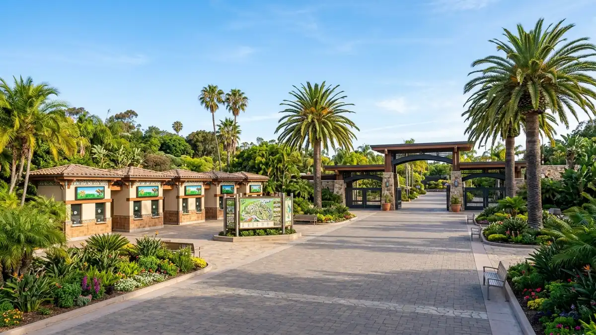San Diego Zoo Front Plaza entrance with palm trees ticket booths and families entering Balboa Park San Diego