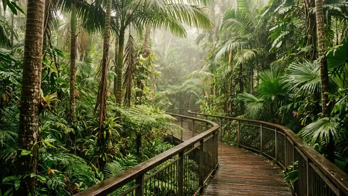 Lost Forest tropical canopy pathway with lush vegetation and aviary at San Diego Zoo Balboa Park