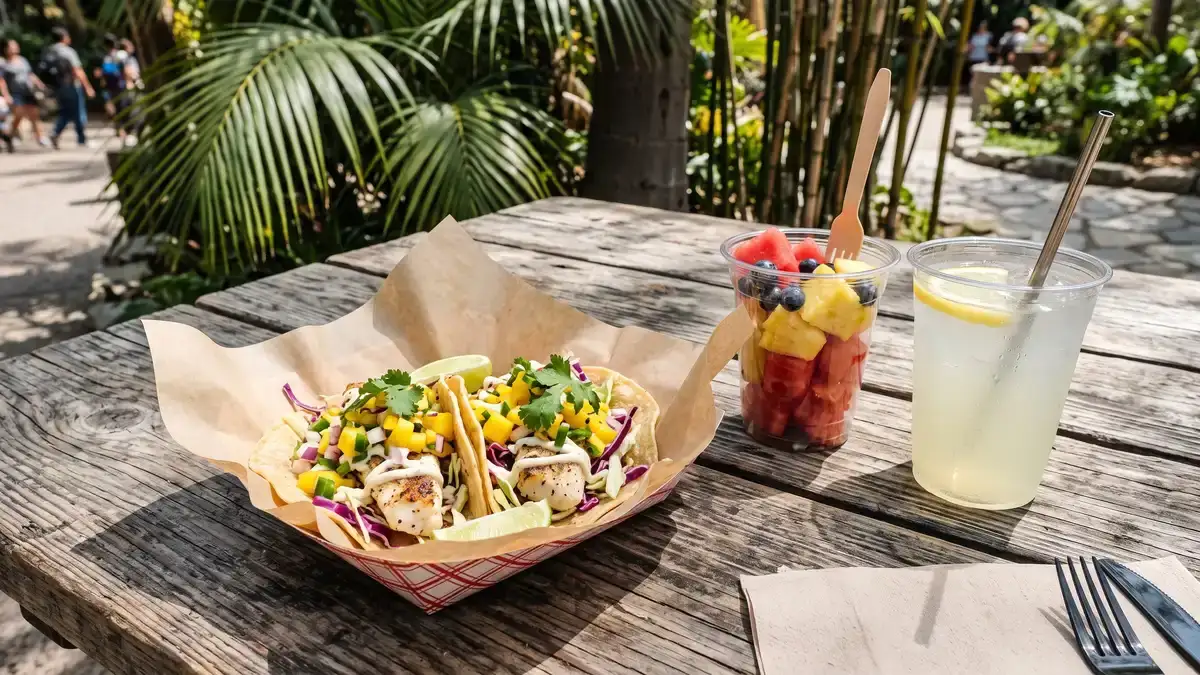 Churro and frozen lemonade from a snack cart on a sunny path at San Diego Zoo