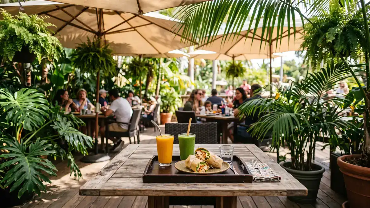 Outdoor dining area with families enjoying lunch under shaded umbrellas at San Diego Zoo in Balboa Park California