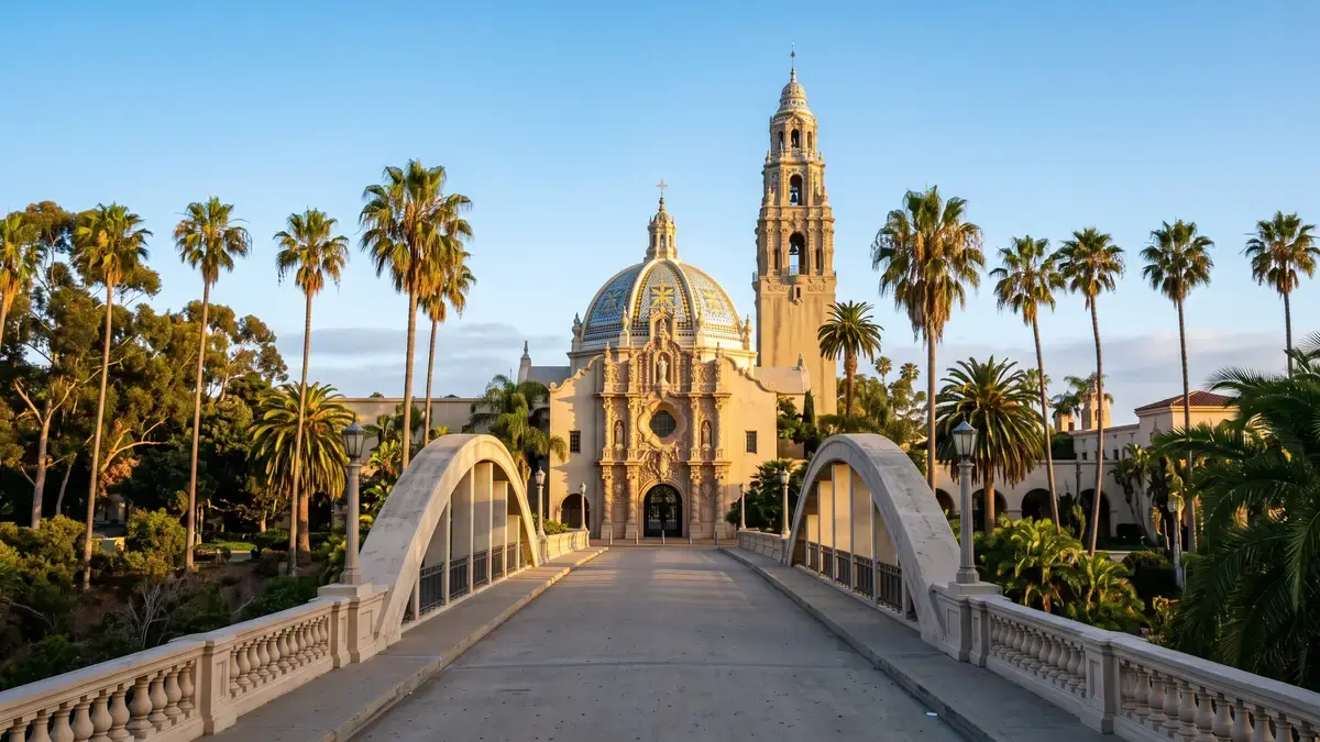 Zoo Drive entrance road through Balboa Park with palm trees and zoo signage in San Diego California