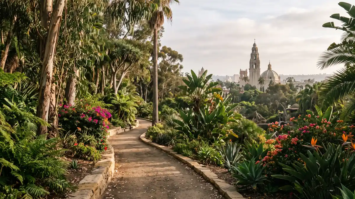San Diego Zoo entrance with lush tropical landscaping and families walking toward exhibits in Balboa Park San Diego California