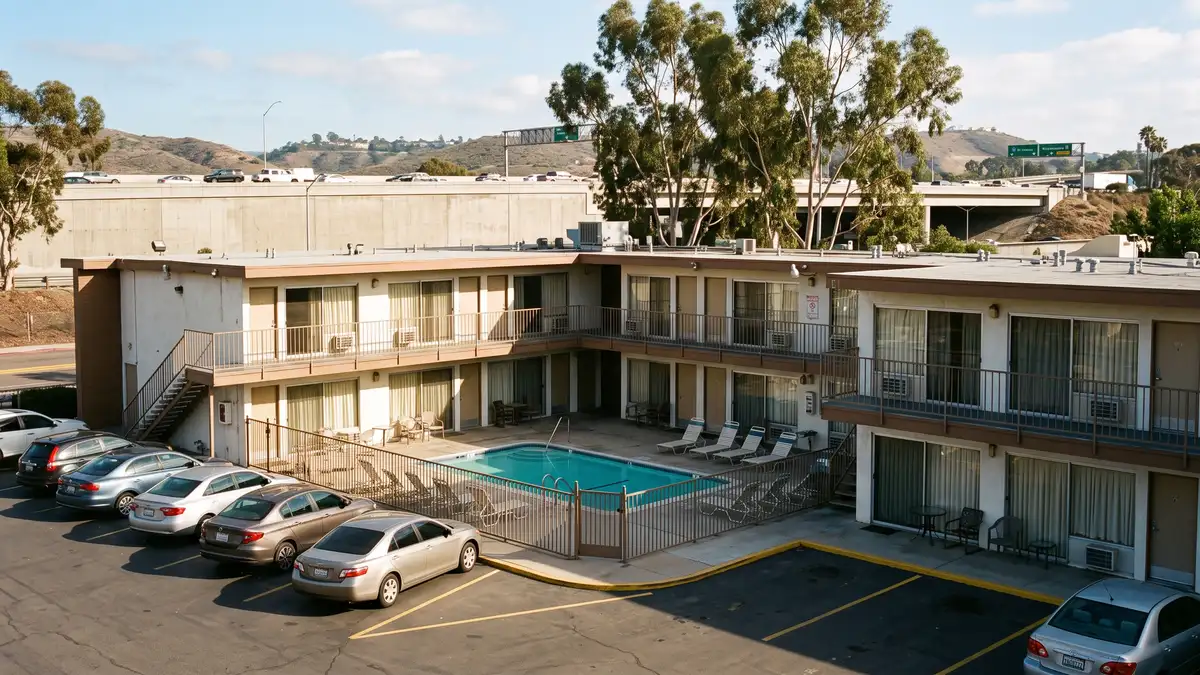 Motel 6 San Diego Hotel Circle exterior with pool and budget-friendly accommodations near San Diego Zoo