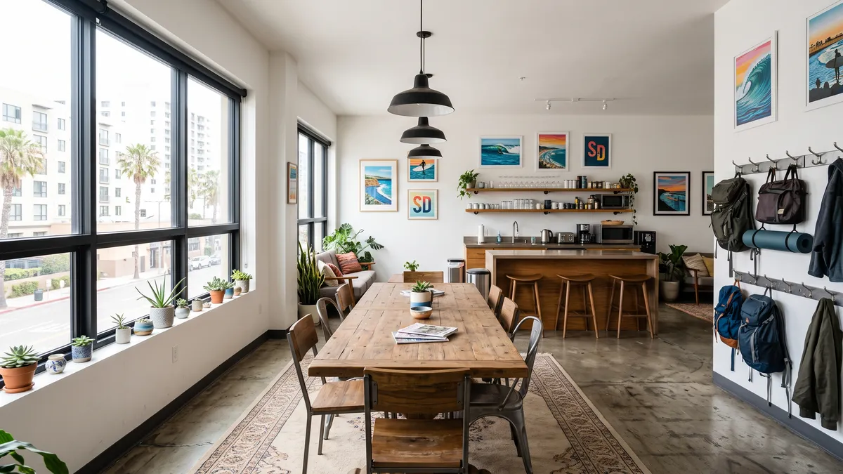 HI San Diego Downtown hostel exterior with courtyard and social common areas for budget travelers