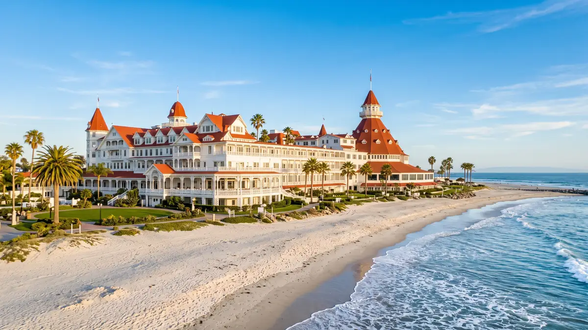 Hotel del Coronado iconic red-roofed beachfront resort with ocean waves near San Diego Zoo California