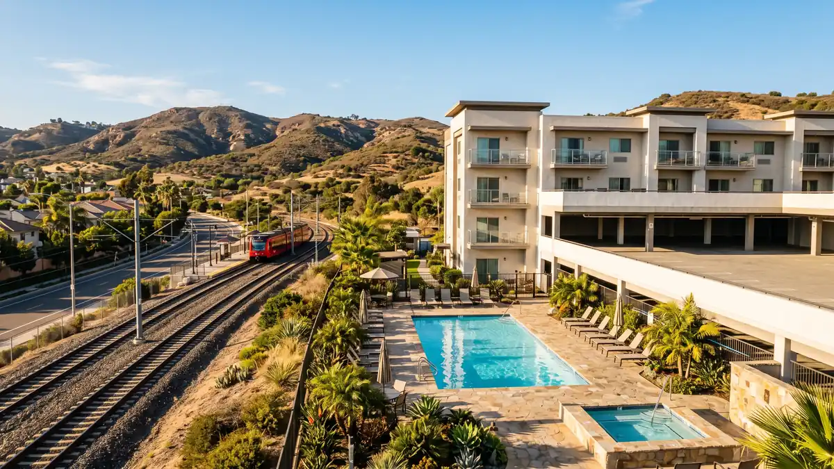 Hilton San Diego Mission Valley exterior with outdoor pool and family amenities near San Diego Zoo