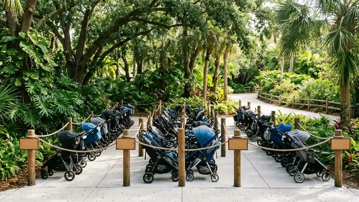 Stroller parking area near exhibit entrance with families walking toward animal viewing at San Diego Zoo