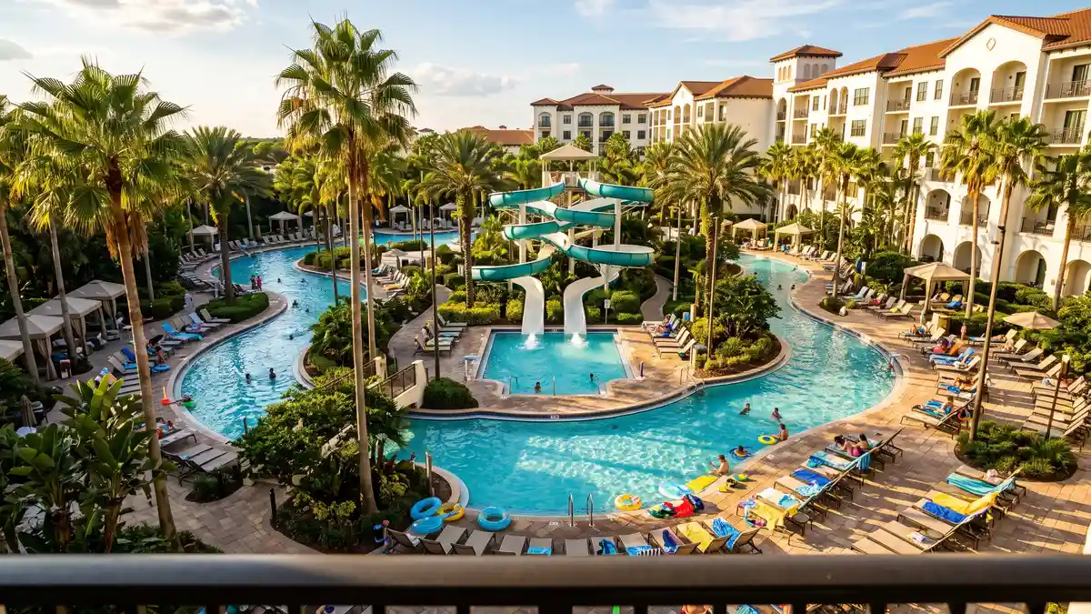 Luxury resort pool with palm trees and waterslide near SeaWorld Orlando on International Drive