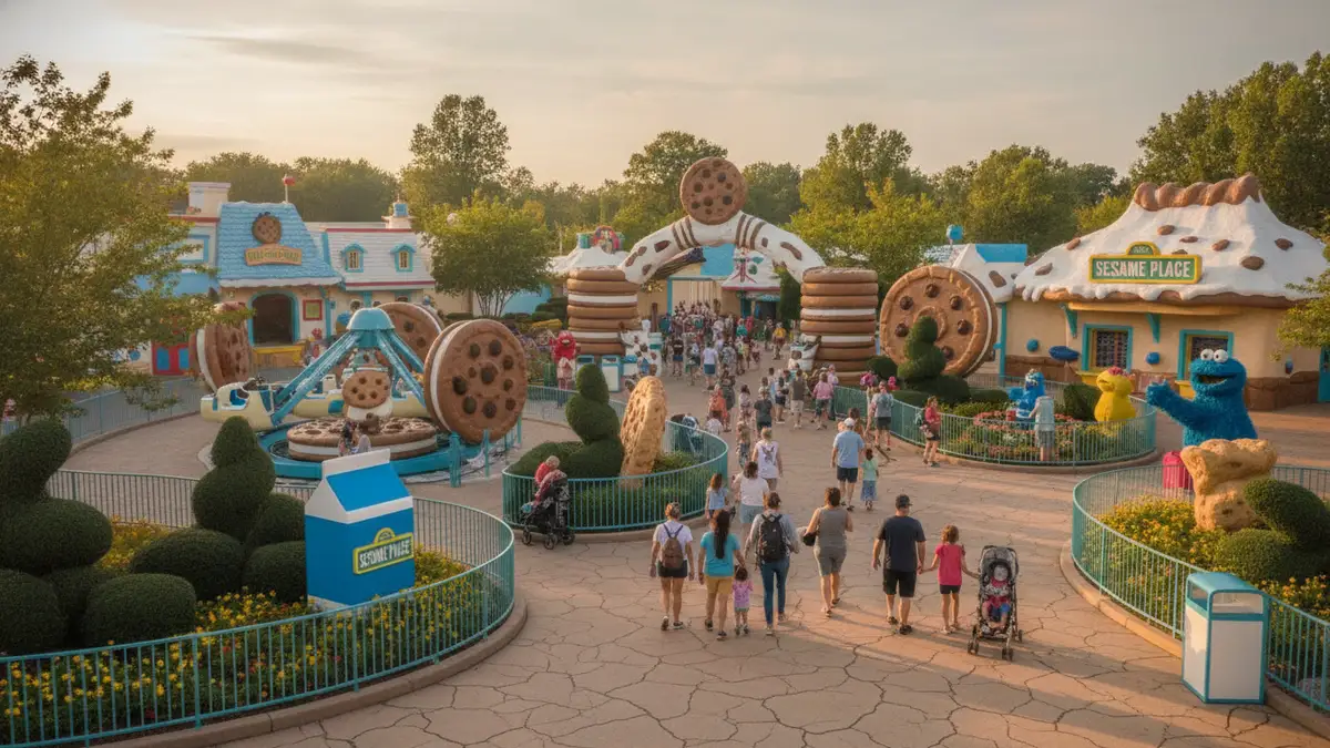 Cookie's Monster Land themed area with toddler rides and blue Cookie Monster theming at Sesame Place Langhorne