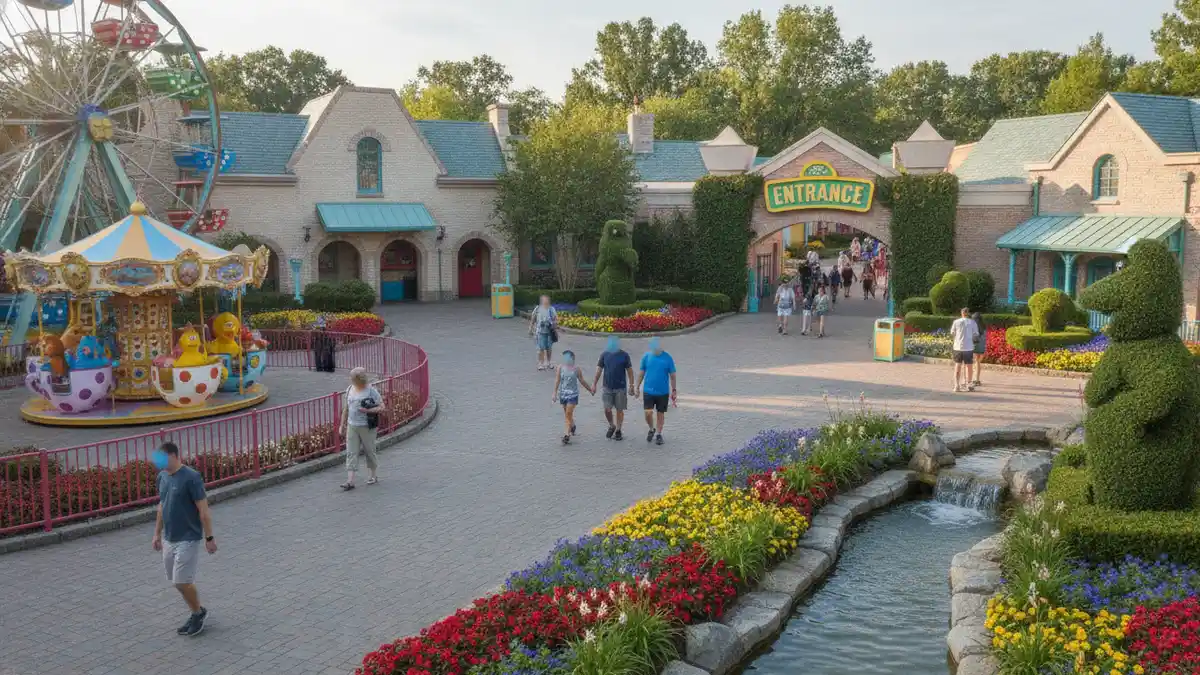 Sesame Place main entrance and Guest Services area with families arriving in Langhorne Pennsylvania