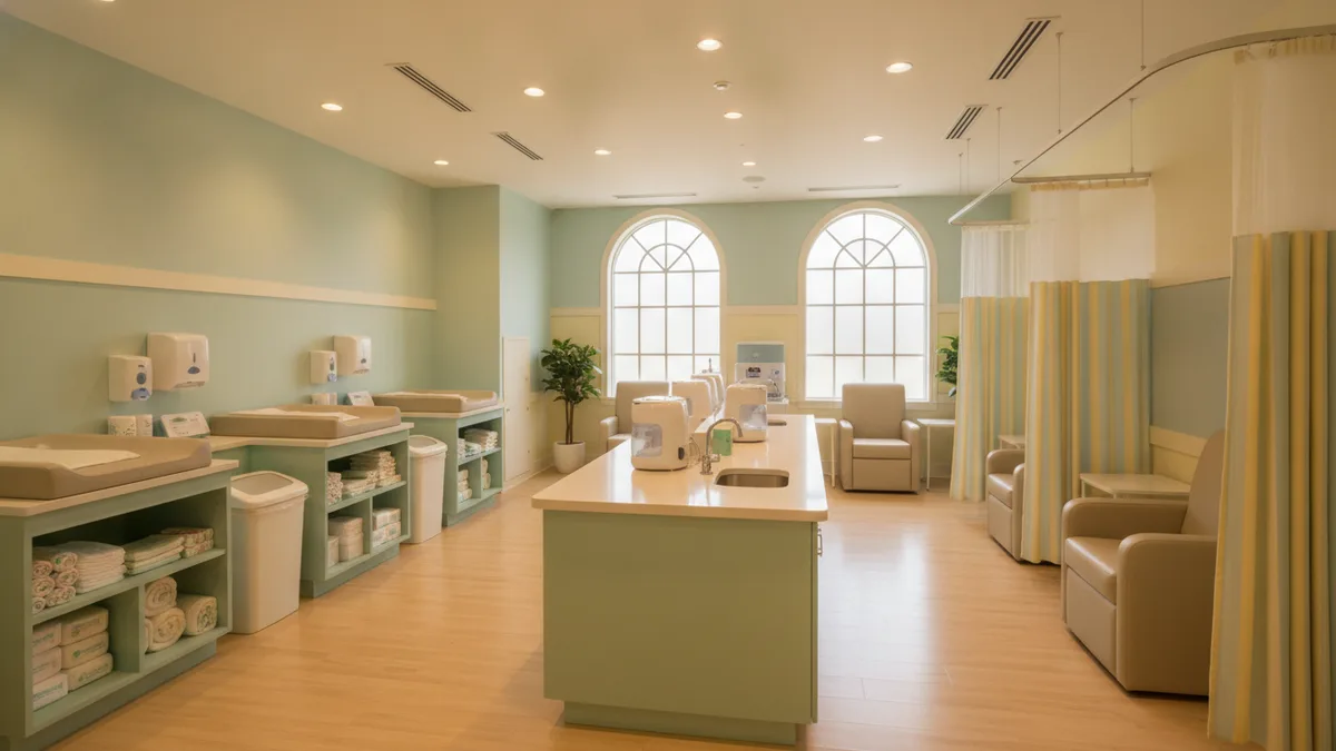 Baby Care Center interior with nursing stations and changing tables at Sesame Place theme park in Langhorne Pennsylvania