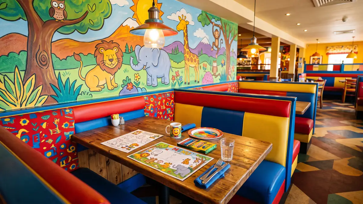 Family dining area with Sesame Street themed food options and kids eating at Sesame Place Langhorne PA
