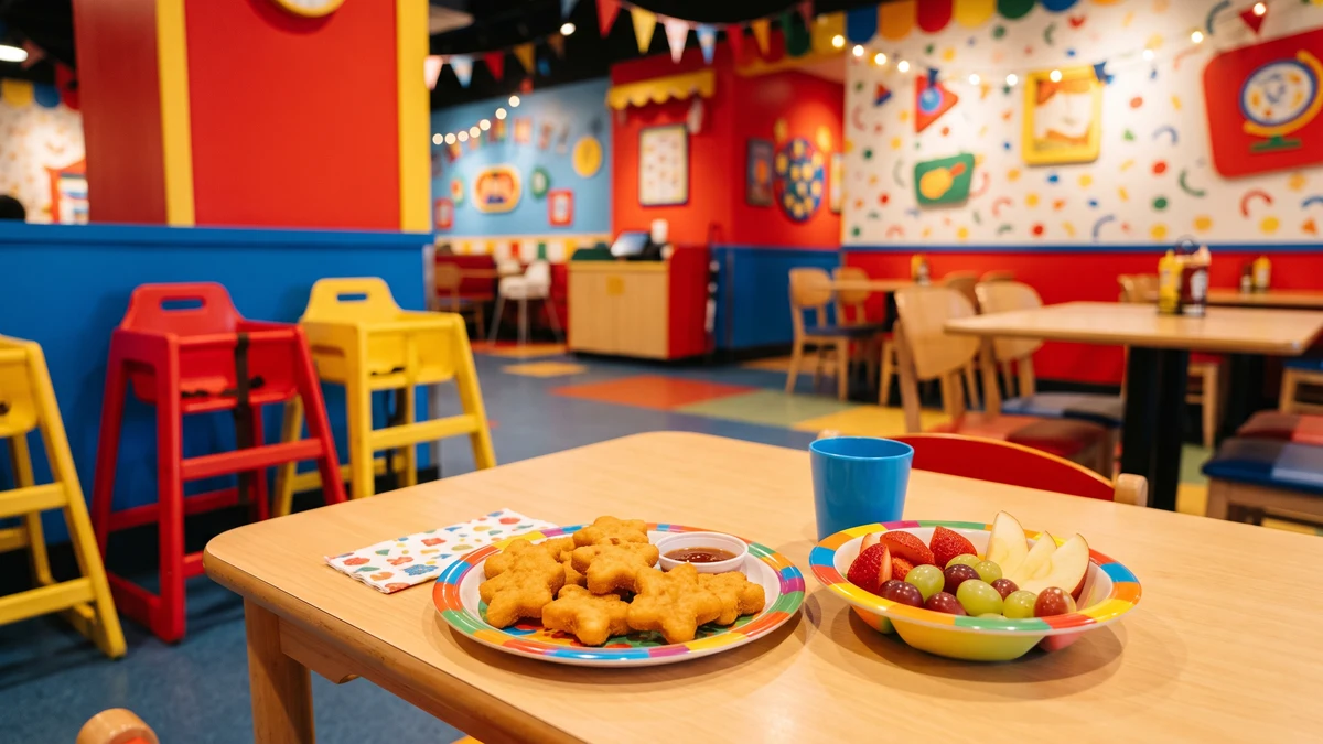 Outdoor family dining pavilion with Sesame Street themed menus and families eating at Sesame Place Langhorne PA