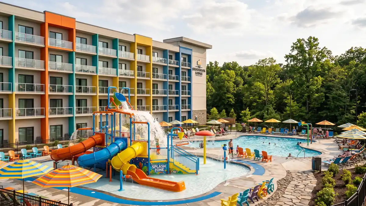 Family-friendly hotel exterior with pool near Sesame Place theme park in Langhorne Bucks County Pennsylvania
