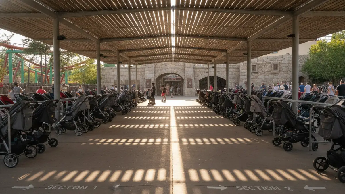 Stroller parking area near ride entrance with families and Sesame Street decorations at Sesame Place Langhorne PA