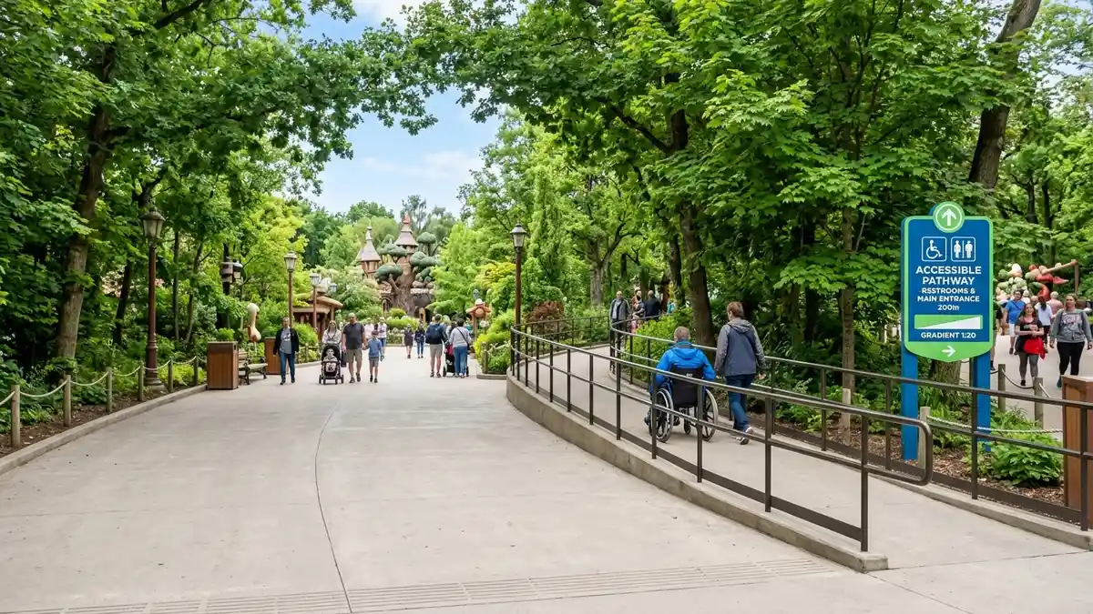 Accessible pathway with wheelchair access through wooded area at Six Flags Great Adventure Jackson New Jersey