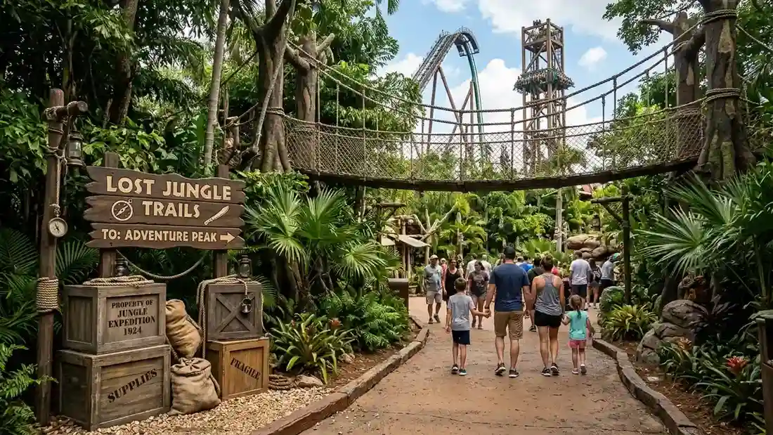 Adventure Alley area with Jersey Devil Coaster single-rail track winding through the trees at Six Flags Great Adventure
