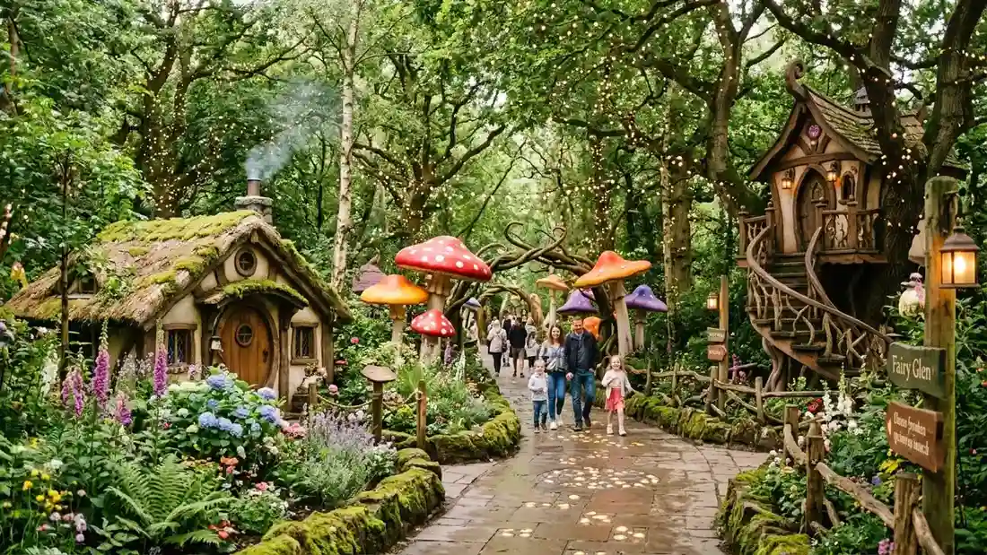 Fantasy Forest area with Nitro roller coaster towering above wooded paths at Six Flags Great Adventure