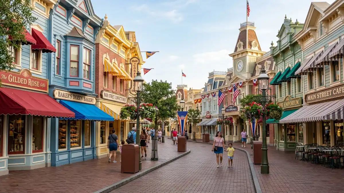 Main Street entrance area with fountain and shops at Six Flags Great Adventure Jackson New Jersey