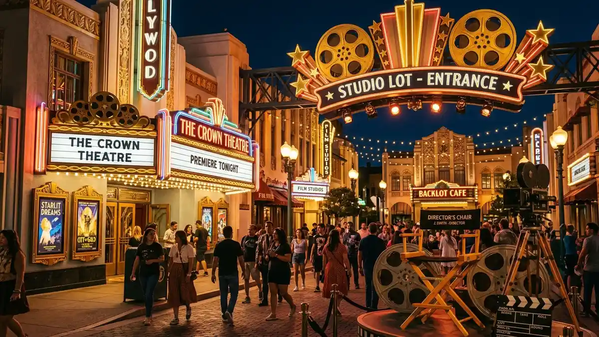 Movietown area with Batman The Ride roller coaster and DC-themed buildings at Six Flags Great Adventure