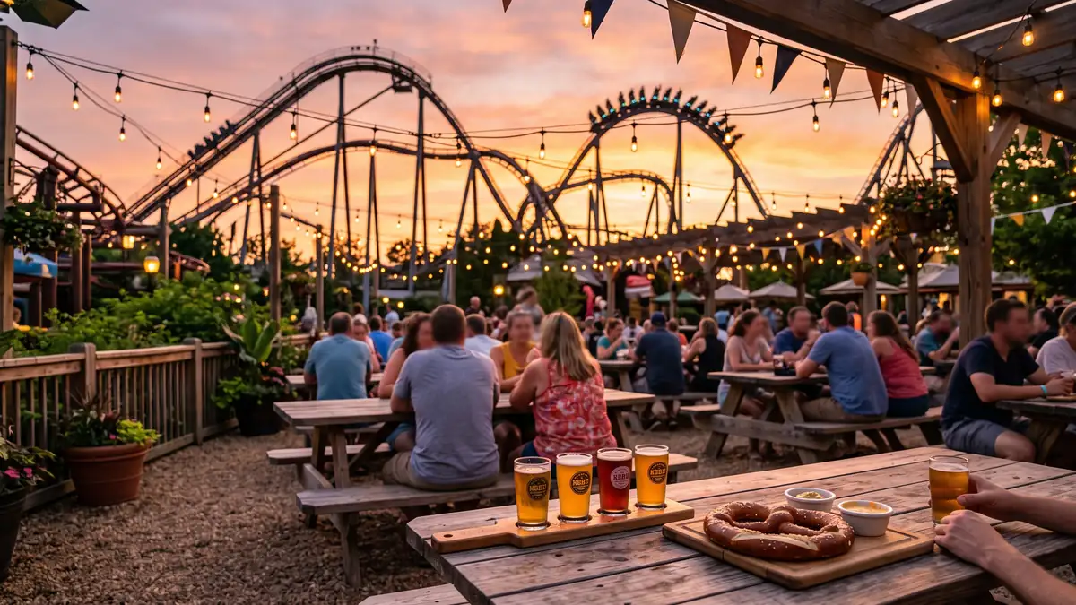 Family dining restaurant with outdoor seating and shade structures at Six Flags Great Adventure Jackson