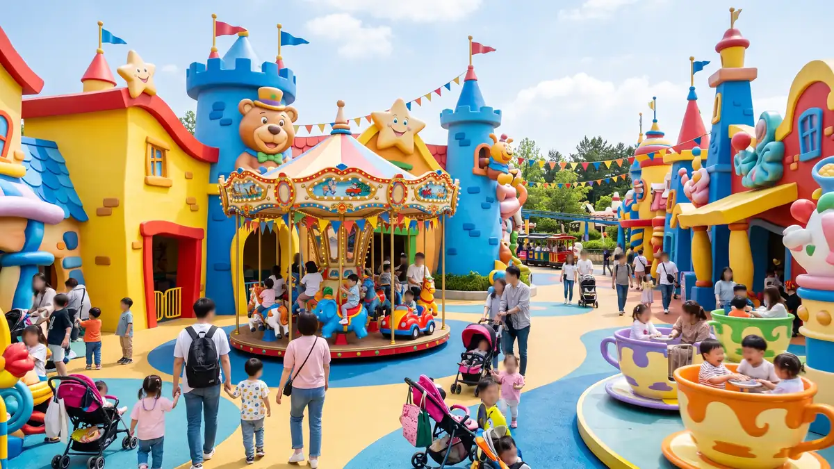 Bugs Bunny Boomtown kids rides with colorful Looney Tunes theming at Six Flags Great Adventure