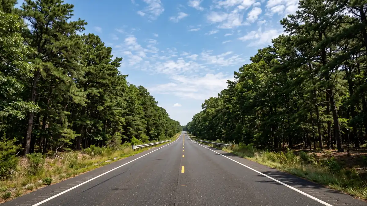 Six Flags Great Adventure entrance road through New Jersey Pine Barrens with park visible in distance