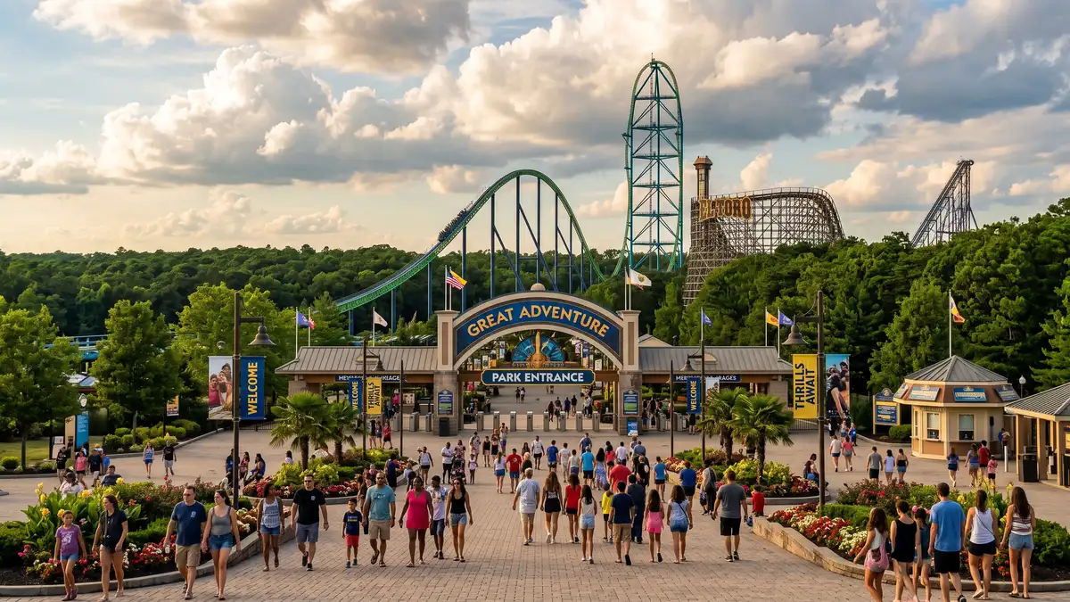 Six Flags Great Adventure theme park entrance at golden hour with Kingda Ka roller coaster towering in background in Jackson New Jersey