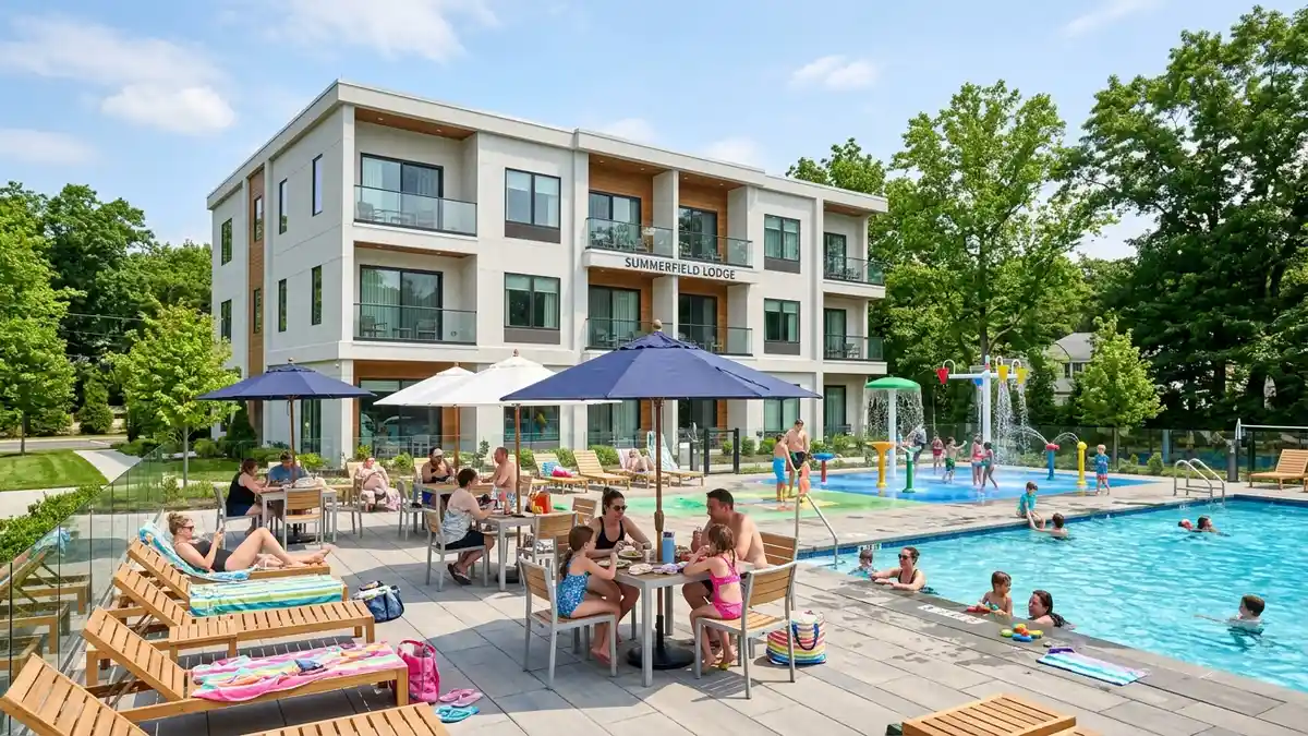 Hampton Inn Jackson exterior with outdoor pool and family amenities near Six Flags Great Adventure