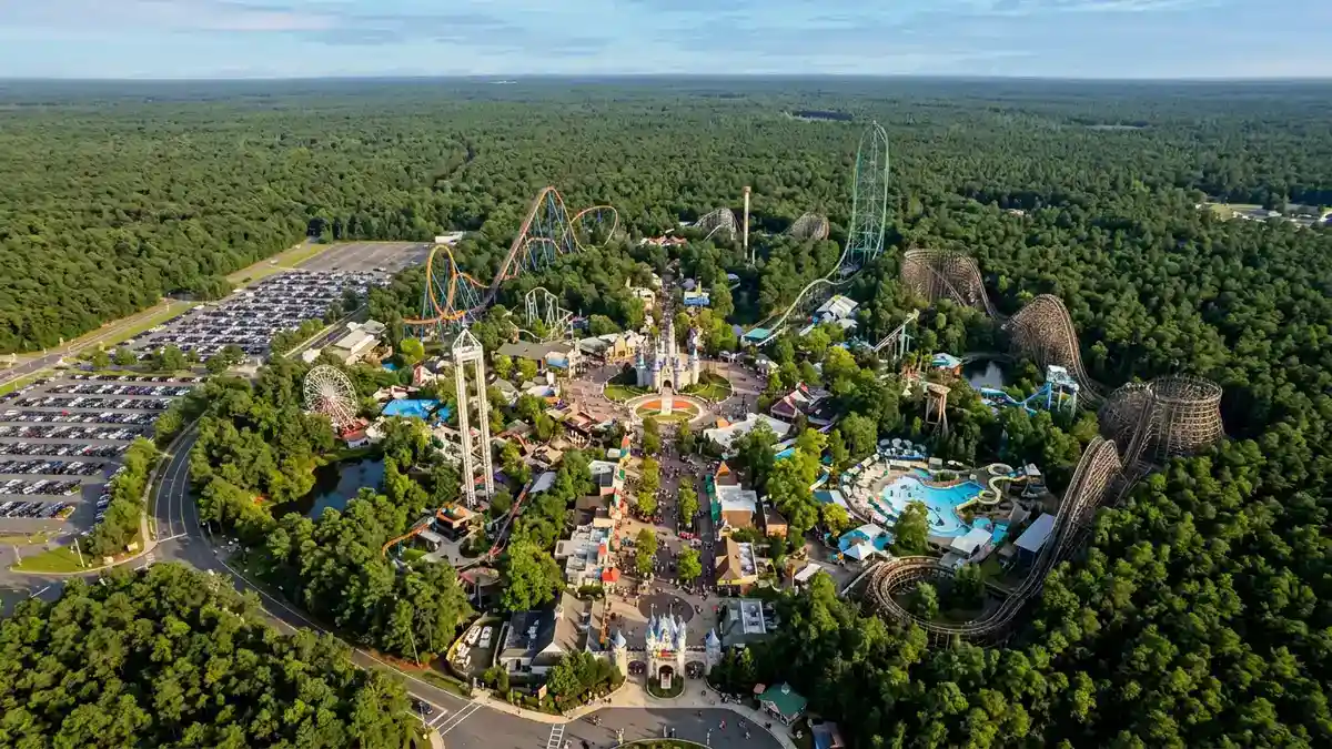 Aerial overview of Six Flags Great Adventure showing the 510-acre park surrounded by Pine Barrens forest in Jackson New Jersey
