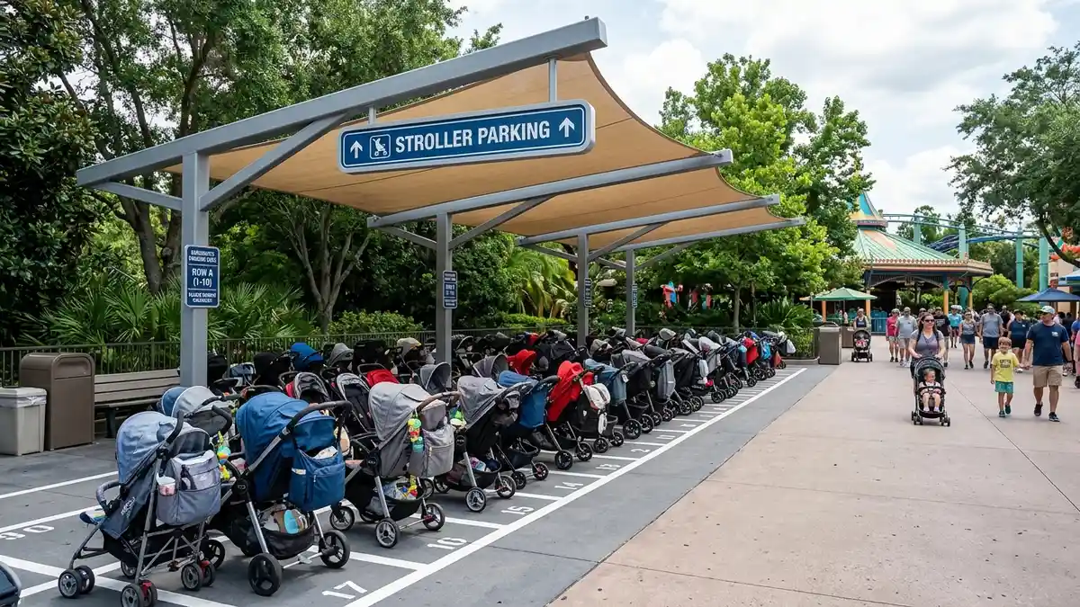 Stroller parking area near ride entrance at Six Flags Great Adventure Jackson New Jersey