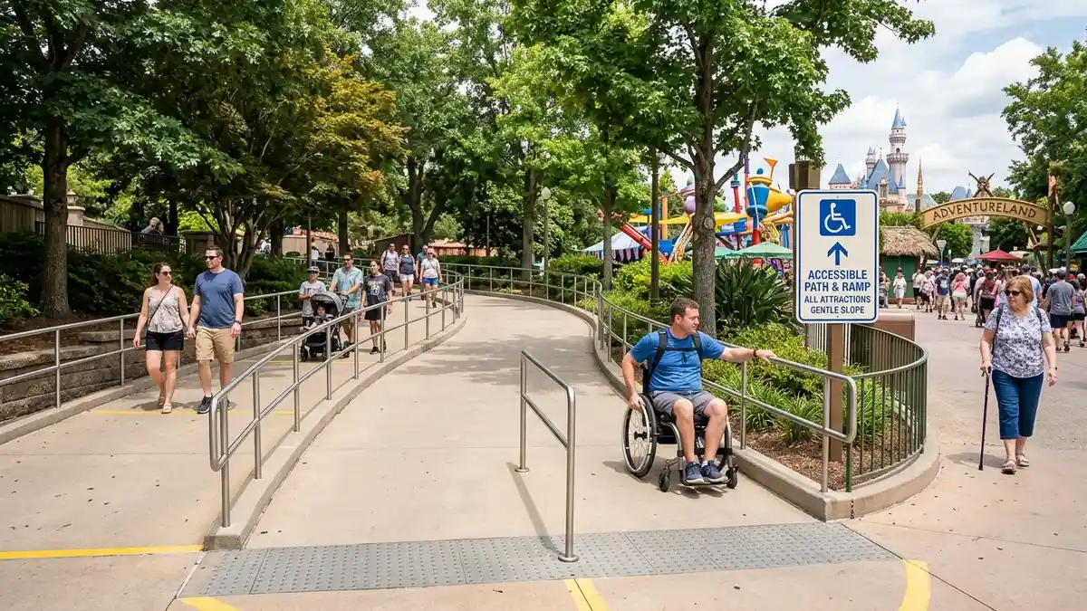 Accessible pathway with wheelchair ramp along the midway at Six Flags Magic Mountain Santa Clarita California