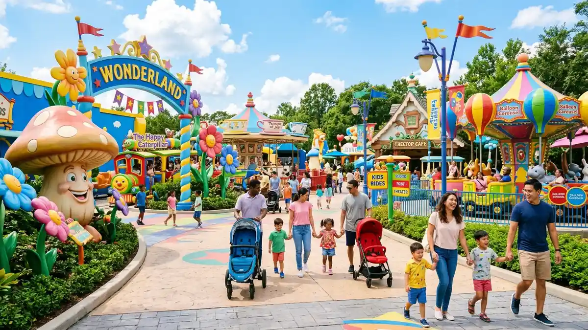 Bugs Bunny World kids area with colorful Looney Tunes rides and character statues at Six Flags Magic Mountain